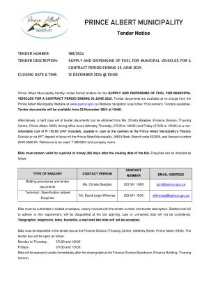 TENDER 188 OF 2024 - SUPPLY AND DISPENSING OF FUEL FOR MUNICIPAL VEHICLES FOR A CONTRACT PERIOD ENDING 30 JUNE 2025