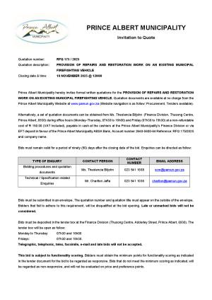 RFQ 175 OF 2O25 - PROVISION OF REPAIRS AND RESTORATION WORK ON AN EXISTING MUNICIPAL FIREFIGHTING VEHICLE