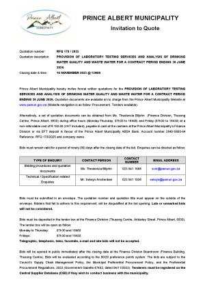 RFQ 178/2025 - PROVISION OF LABORATORY TESTING SERVICES AND ANALYSIS OF DRINKING WATER QUALITY AND WASTE WATER FOR A CONTRACT PERIOD ENDING 30 JUNE 2026