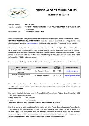 RFQ 179/2025 - PROVISION AND FACILITATION OF AN ADULT EDUCATION AND TRAINING (AET) PROGRAMME