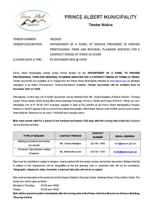 TENDER 182/2025 - APPOINTMENT OF A PANEL OF SERVICE PROVIDERS TO PROVIDE PROFESSIONAL TOWN AND REGIONAL PLANNING SERVICES FOR A CONTRACT PERIOD OF THREE (3) YEARS