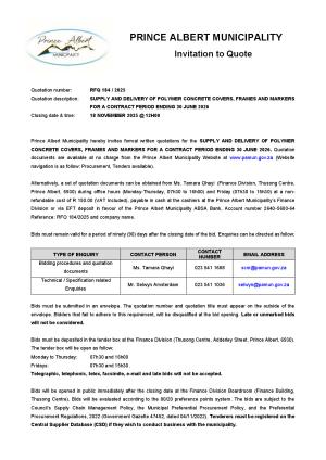 RFQ 184/2025 - SUPPLY AND DELIVERY OF POLYMER CONCRETE COVERS, FRAMES AND MARKERS FOR A CONTRACT PERIOD ENDING 30 JUNE 2026