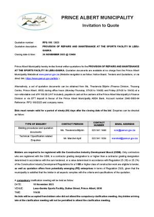 RFQ 186/2025 - PROVISION OF REPAIRS AND MAINTENANCE AT THE SPORTS FACILITY IN LEEU-GAMKA