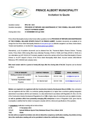 RFQ 188/2025 - PROVISION OF REPAIRS AND MAINTENANCE AT THE SYDWELL WILLIAMS SPORTS FACILITY IN PRINCE ALBERT