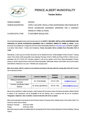 TENDER 189/2025 - SUPPLY, DELIVERY,INSTALLATION, MAINTENANCE AND FINANCING OF OFFICE AUTOMATION EQUIPMENT (PRINTERS) FOR THE CONTRACT PERIOD OF THREE(3) YEARS