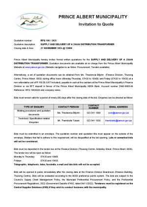 RFQ 190/2025 - SUPPLY AND DELIVERY OF A 25kVA DISTRIBUTION TRANSFORMER