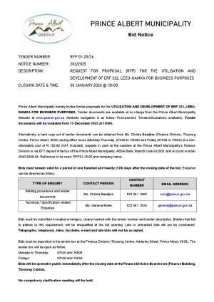 REQUEST FOR PROPOSAL (RFP) FOR THE UTILISATION AND DEVELOPMENT OF ERF 322, LEEU-GAMKA FOR BUSINESS PURPOSES