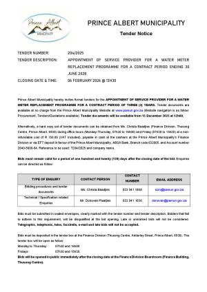 TENDER 204/2025 - APPOINTMENT OF SERVICE PROVIDER FOR A WATER METER REPLACEMENT PROGRAMME FOR A CONTRACT PERIOD ENDING 30 JUNE 2028